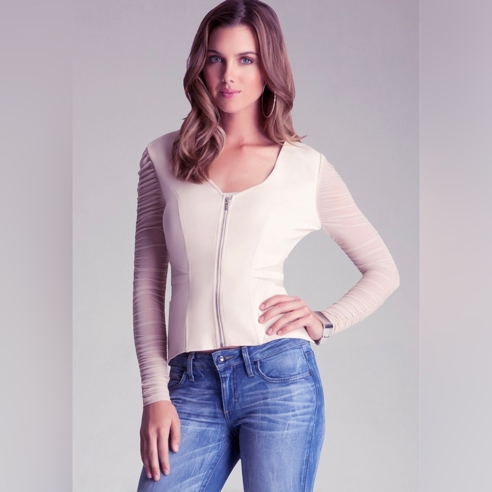 Bebe Shirred Sleeve Zip Thru Top